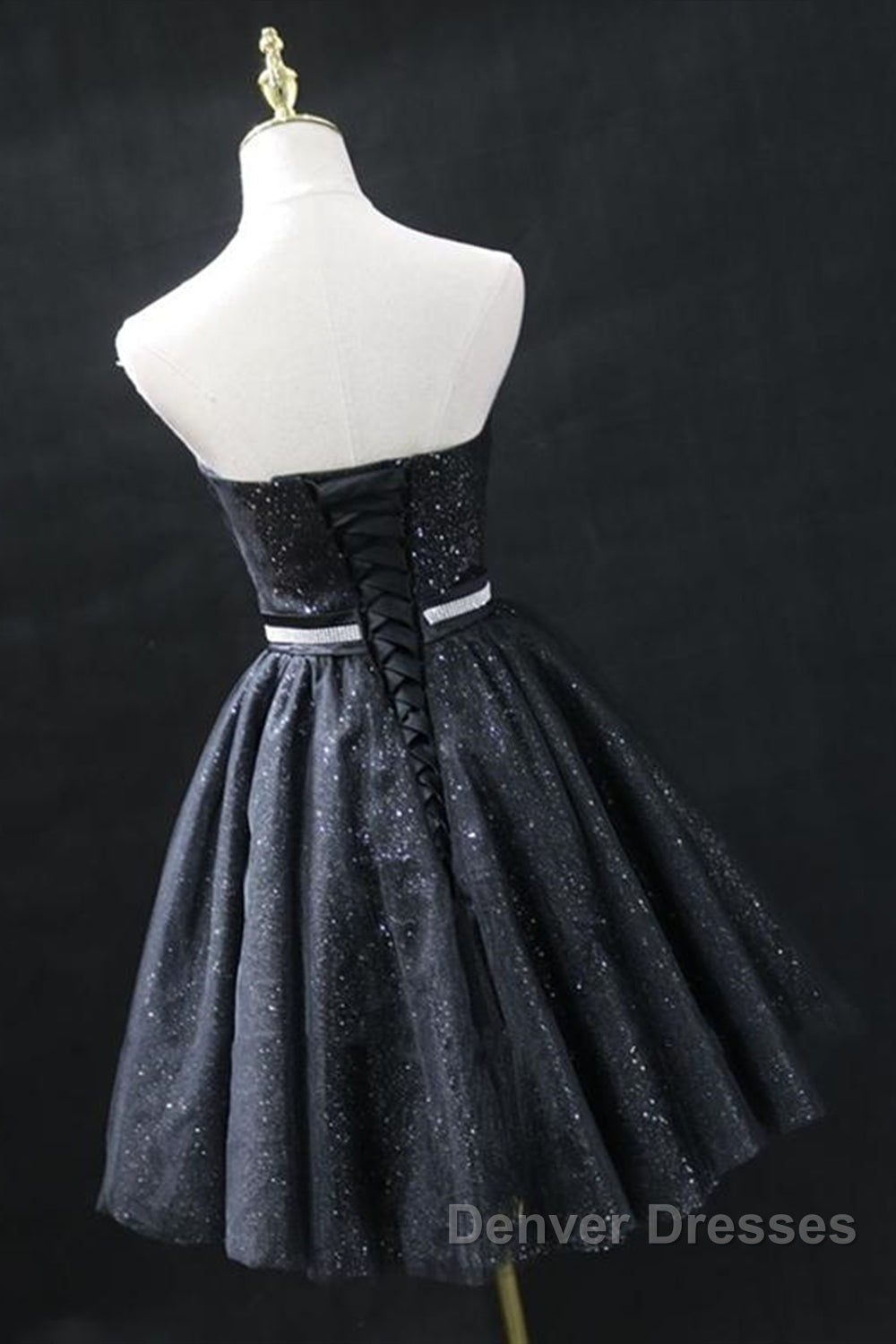 Sweetheart Neck Strapless Black Short Prom Dress, Open Back Black Homecoming Dress, Black Formal Evening Dress