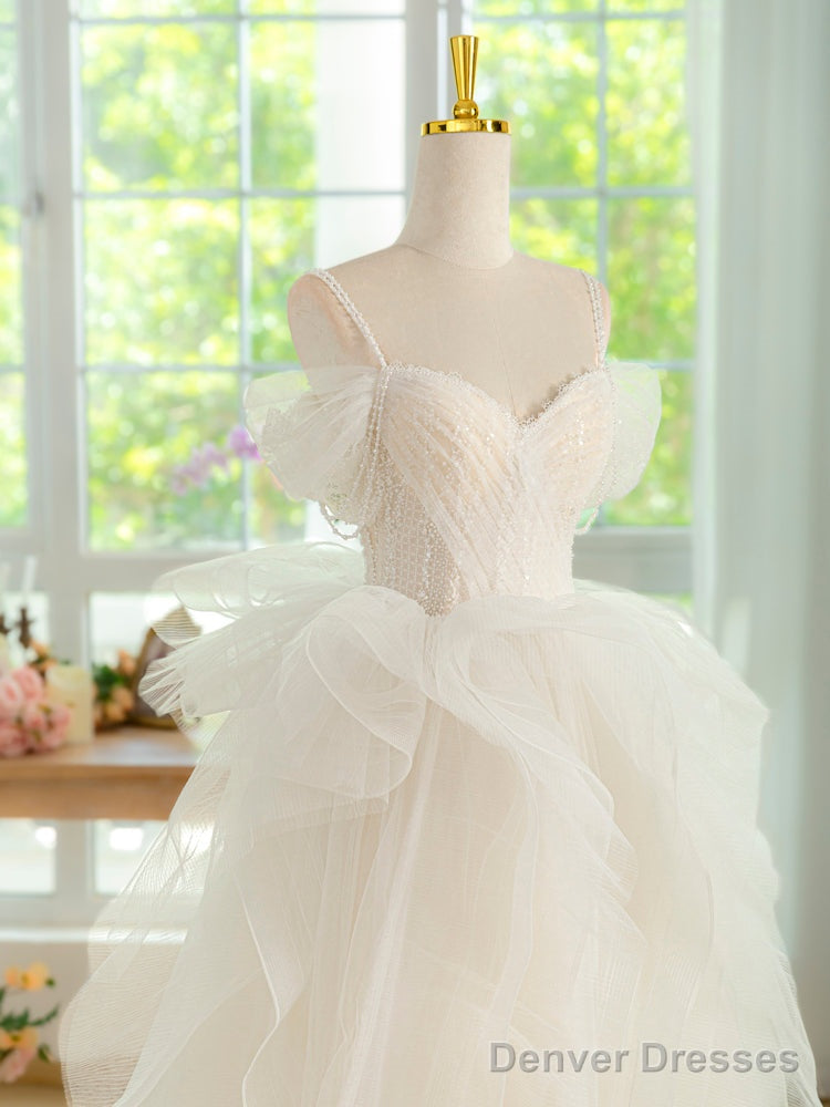 Sweetheart Neck Tulle Beads Light Champagne Long Prom Dress, Light Champagne Formal Dress