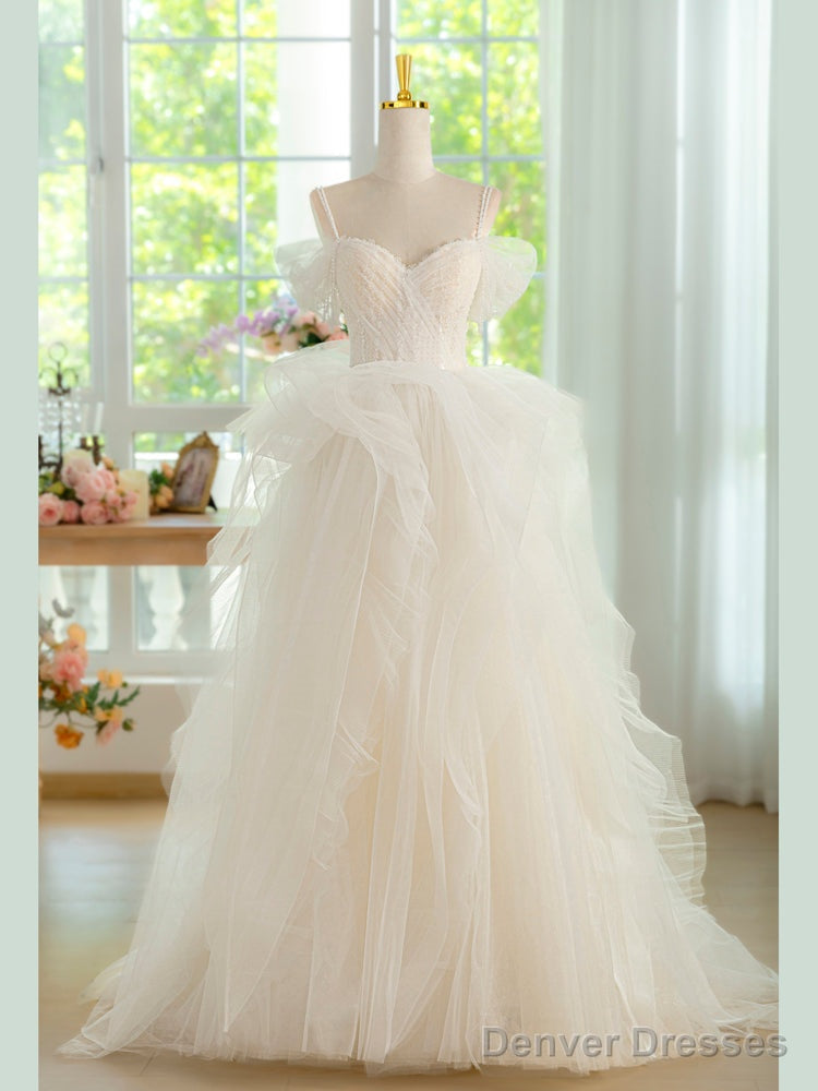 Sweetheart Neck Tulle Beads Light Champagne Long Prom Dress, Light Champagne Formal Dress Main image
