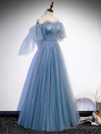 Sweetheart-Neck Tulle Flare Sleeves Beaded Sequin Prom Dresses Formal Evening Dresses