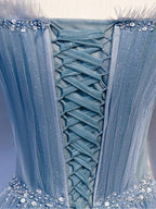 Sweetheart-Neck Tulle Flare Sleeves Beaded Sequin Prom Dresses Formal Evening Dresses