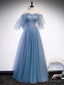 Sweetheart-Neck Tulle Flare Sleeves Beaded Sequin Prom Dresses Formal Evening Dresses