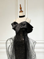 Sweetheart Off Shoulder Tulle Sequin Sweep Train Black Long Evening Dress