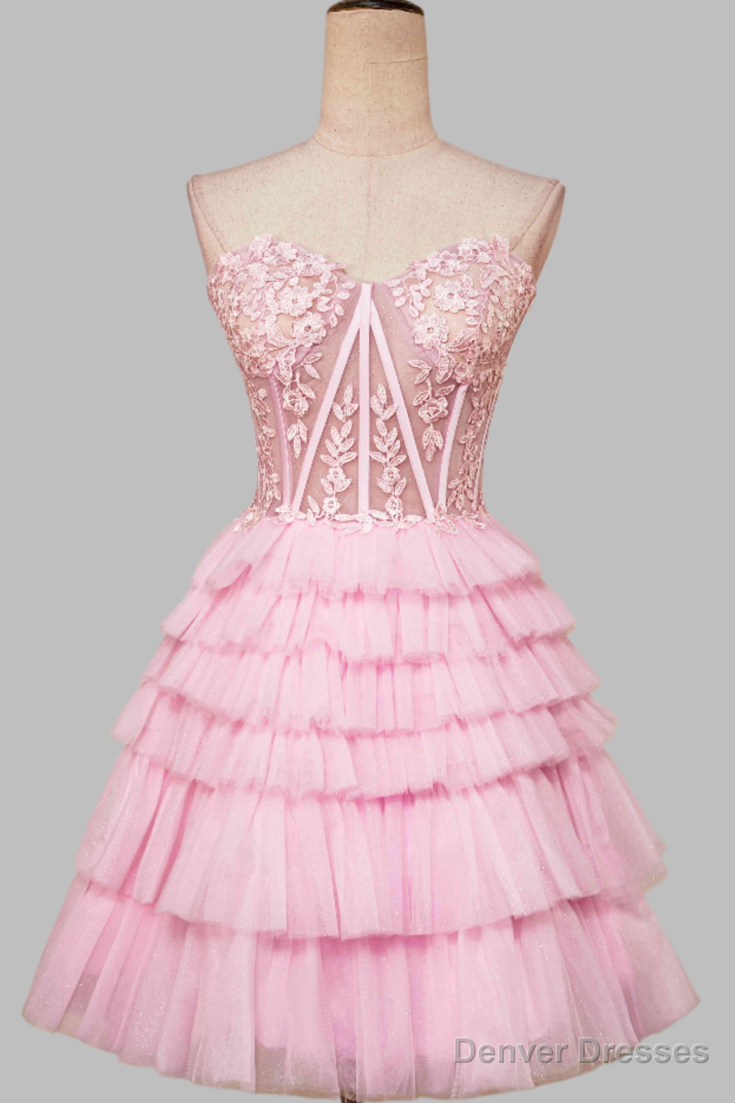 Sweetheart Pink Lace Corset Tiered Short Homecoming Dress Main image
