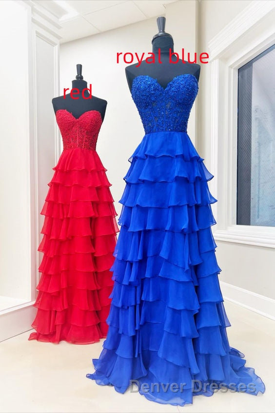 Sweetheart Red Corset Chiffon Ruffle Long Prom Dress