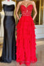 Sweetheart Red Corset Chiffon Ruffle Long Prom Dress