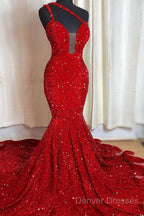 Sweetheart Sleeveless Sequins Red Mermaid Prom Dress
