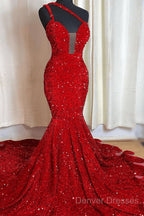 Sweetheart Sleeveless Sequins Red Mermaid Prom Dress