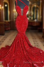 Sweetheart Sleeveless Sequins Red Mermaid Prom Dress