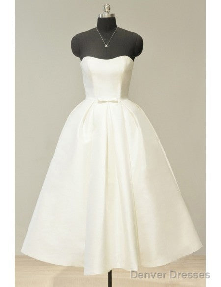 Sweetheart Tea Length Ivory Satin Vintage Wedding Dress Main image