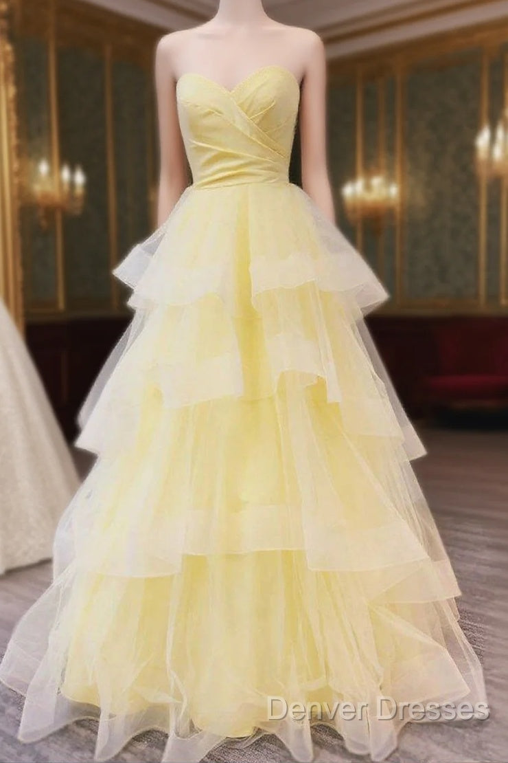 Sweetheart Tulle Yellow Ruffles Long Prom Dress Main image