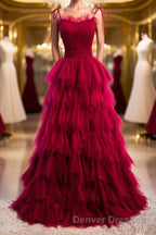 A-Line Long Spaghetti Strap Prom Dress, Cute Layers Tulle Evening Dress