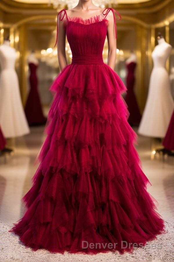 A-Line Long Spaghetti Strap Prom Dress, Cute Layers Tulle Evening Dress