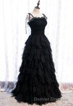 A-Line Long Spaghetti Strap Prom Dress, Cute Layers Tulle Evening Dress