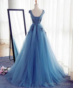 Blue A Line Tulle Lace Long Prom Dress, Evening Dress