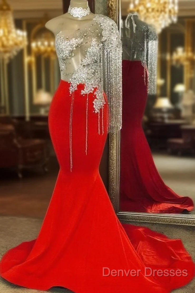 Tassel Prom Dress, One Shoulder Prom Dress, Mermaid Prom Dress, Red Prom Dress