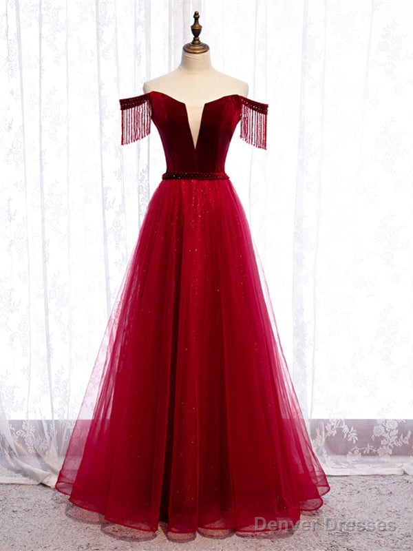 Tassel Sleeves Off The Shoulder Tulle Burgundy Floor Length Lace Up Prom Dress Main image
