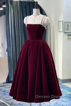 Tea Length Velvet Prom Dress, Velvet Tea Length Formal Homecoming Dress