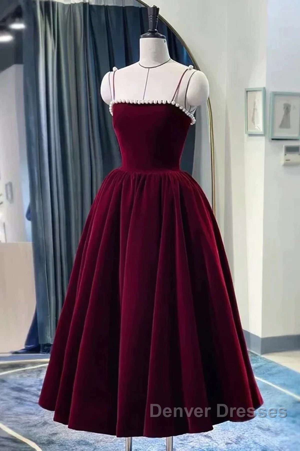 Tea Length Velvet Prom Dress, Velvet Tea Length Formal Homecoming Dress