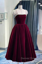 Tea Length Velvet Prom Dress, Velvet Tea Length Formal Homecoming Dress