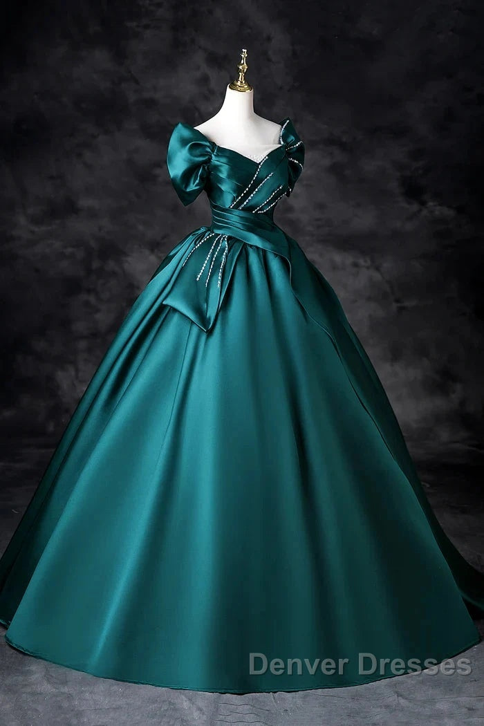 Teal A-Line Off The Shoulder Satin Long Prom Dress, Elegant Evening Dress