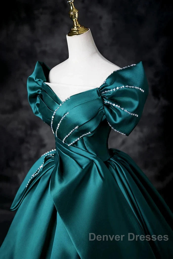 Teal A-Line Off The Shoulder Satin Long Prom Dress, Elegant Evening Dress
