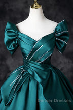 Teal A-Line Off The Shoulder Satin Long Prom Dress, Elegant Evening Dress