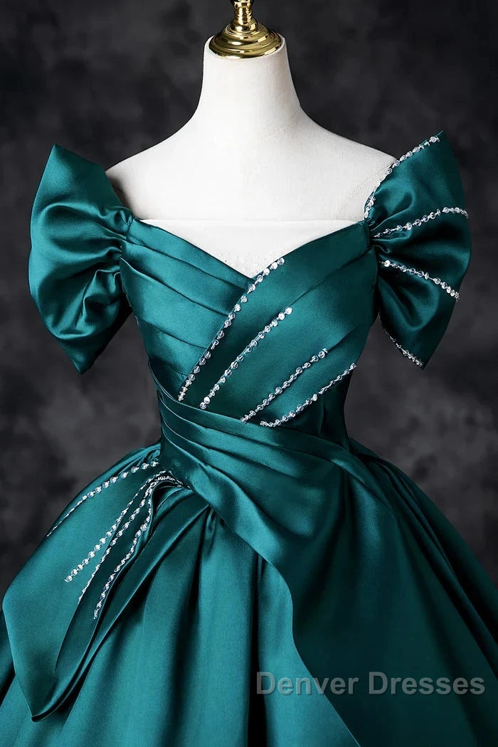 Teal A-Line Off The Shoulder Satin Long Prom Dress, Elegant Evening Dress