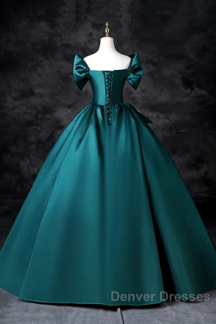 Teal A-Line Off The Shoulder Satin Long Prom Dress, Elegant Evening Dress