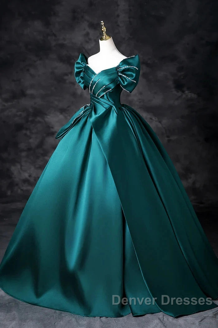 Teal A-Line Off The Shoulder Satin Long Prom Dress, Elegant Evening Dress