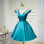 Teal Blue Satin Short Party Dress With White Lace, Blue Homecoming Dress Prom Dress