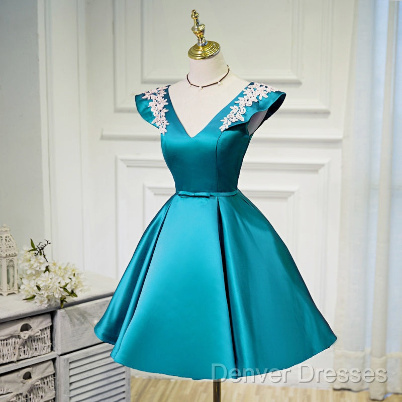 Teal Blue Satin Short Party Dress With White Lace, Blue Homecoming Dress Prom Dress
