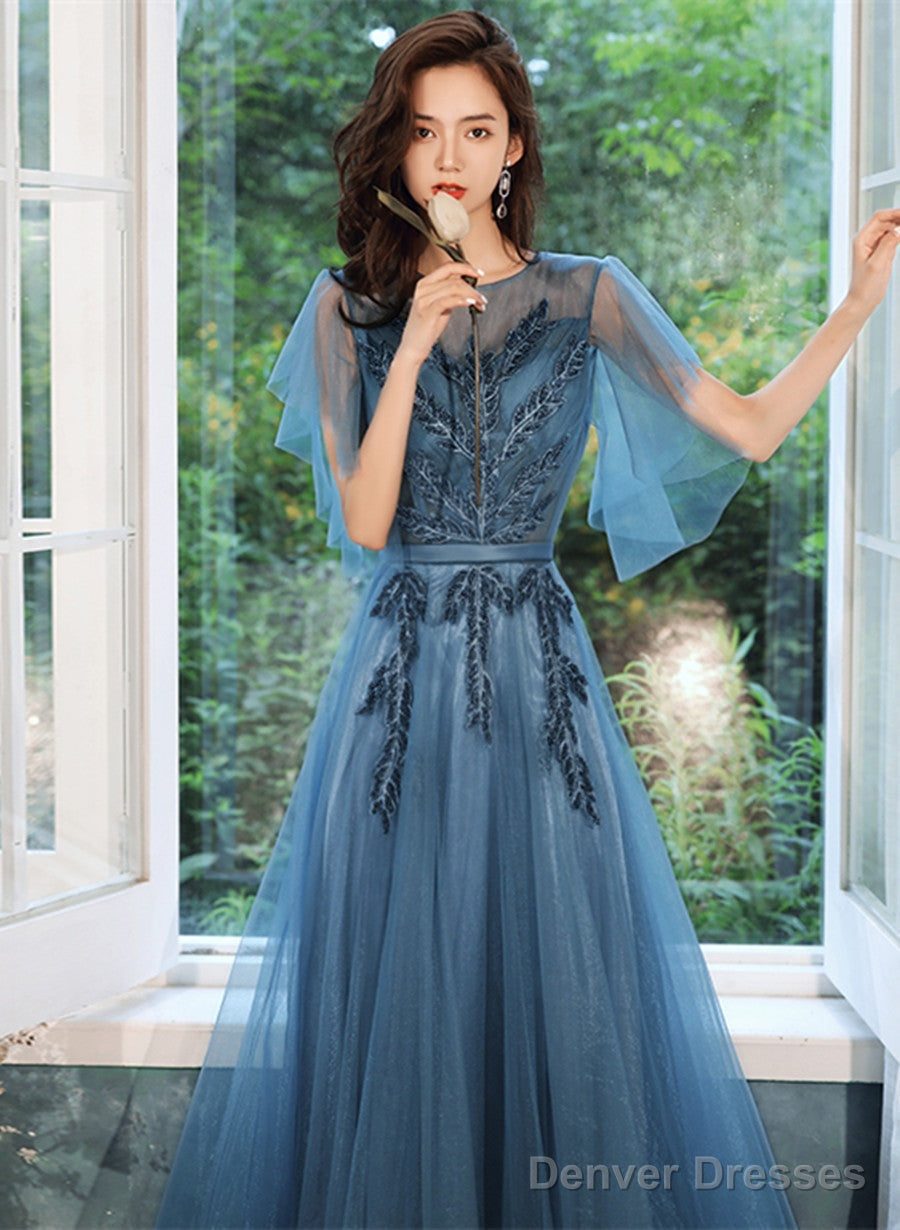 Teal Blue Tulle A-Line Long Prom Dress With Lace, Long Formal Dress Secondary image