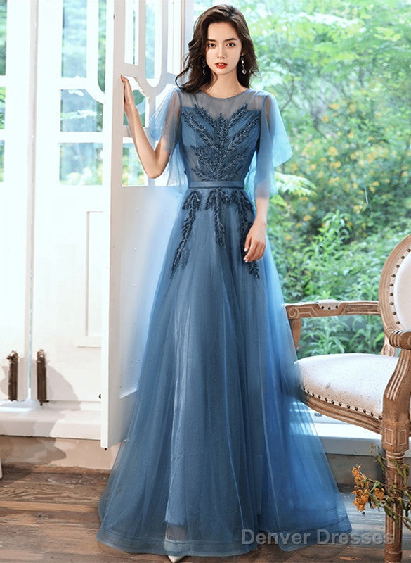 Teal Blue Tulle A-Line Long Prom Dress With Lace, Long Formal Dress Main image
