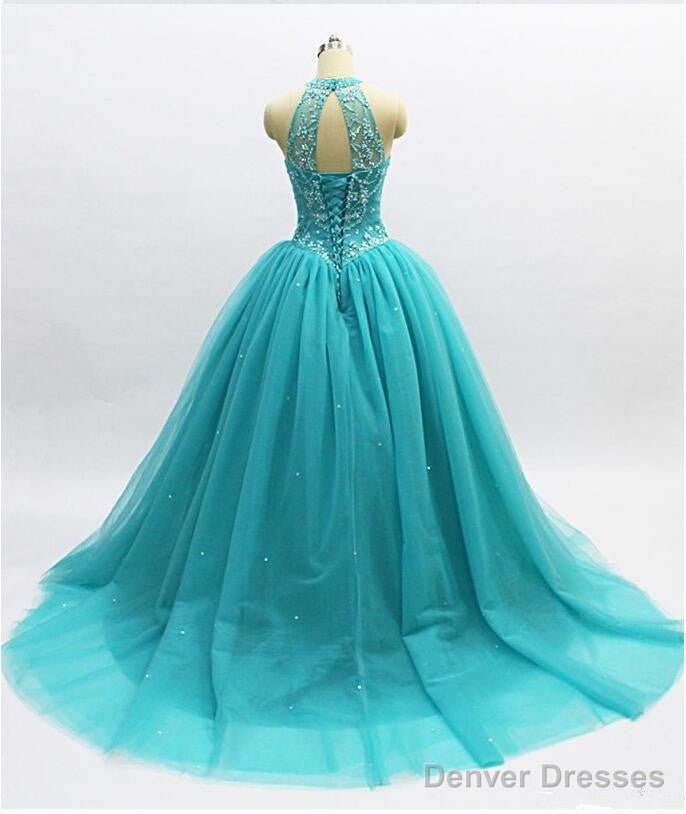 Teal Blue Tulle Beaded Ball Gown High Neckline Sweet 16 Dress, Blue Quinceanera Dresses