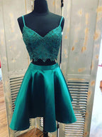 Teal Green Spaghetti Strap Two Piece Lace Satin Homecoming Dresses