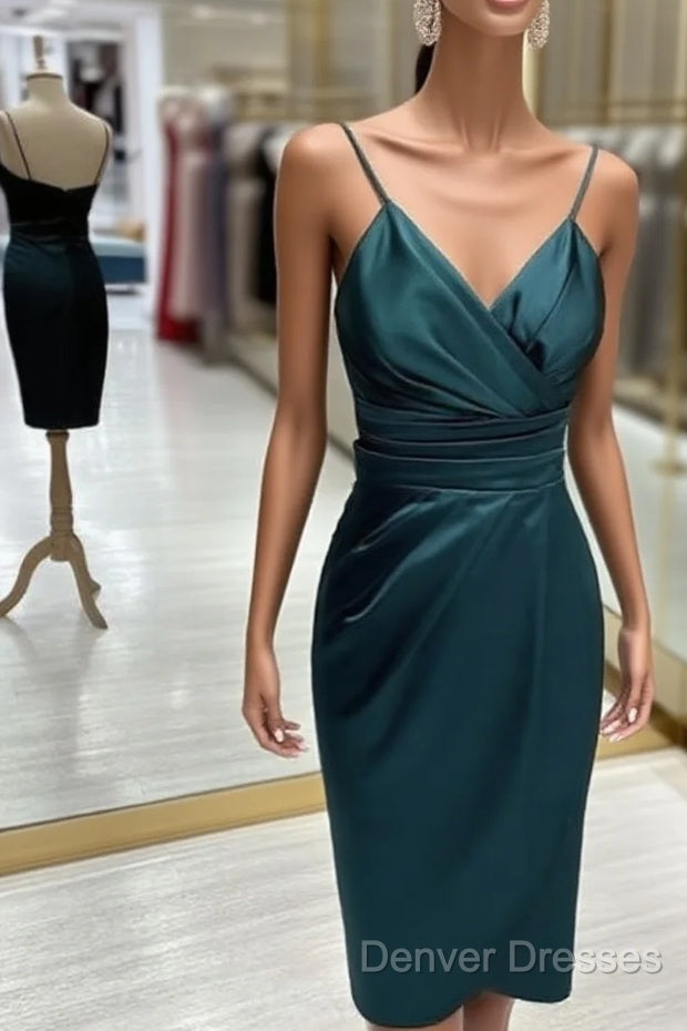 Teal Satin V Neck Sheath Midi Dress Main image
