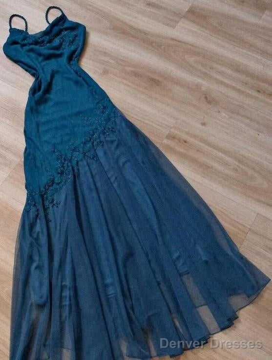 Teal Spaghetti Strap Chiffon Beaded Appliqu Long Prom Dress Evening Dress Main image