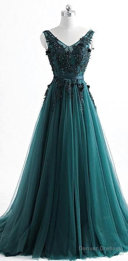 V Neck Dark Green Cheap Long Evening Prom Dresses, Sweet 16 Prom Dresses Main image