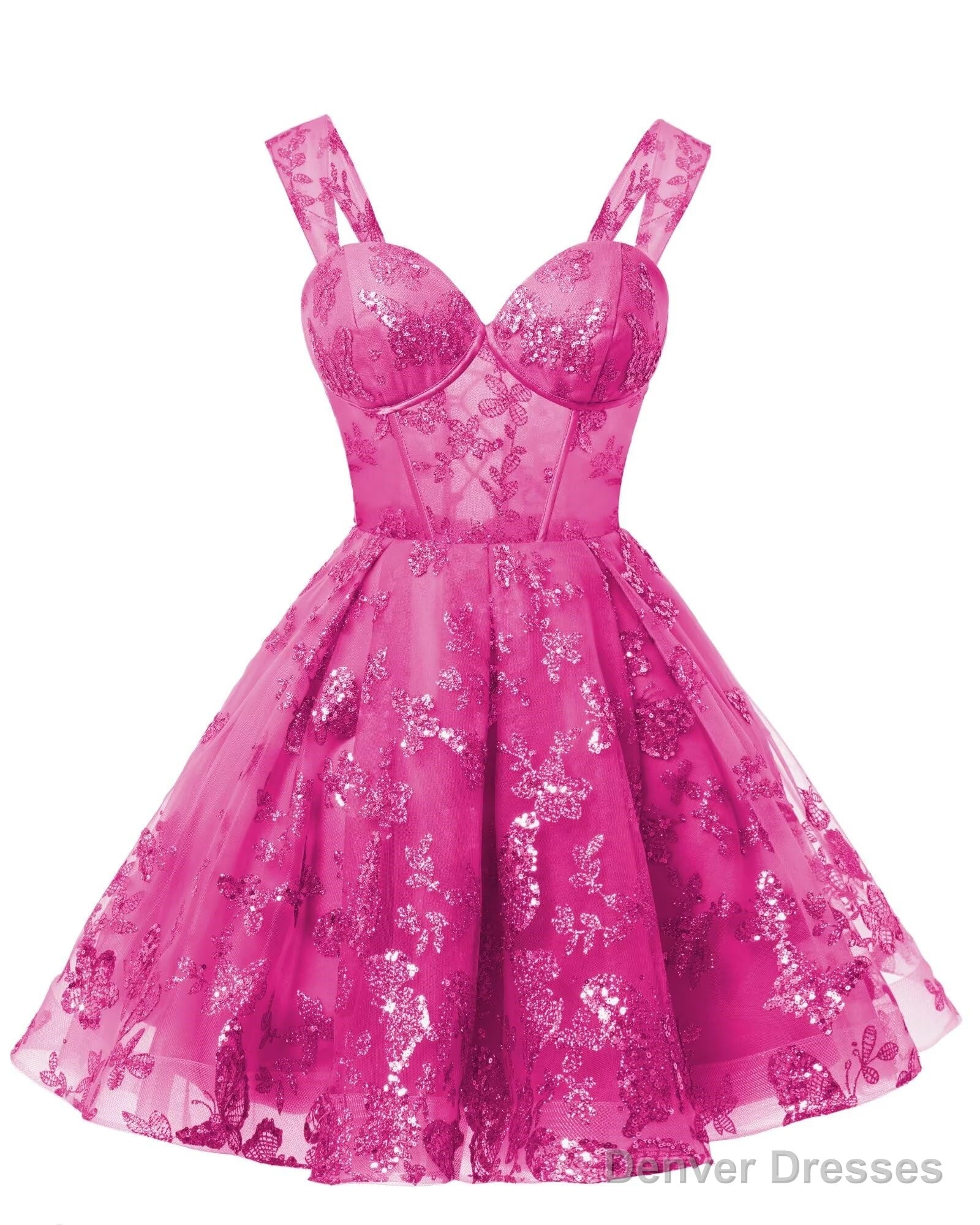 Teens Sparkly Tulle Fuchsia Homecoming Dresses Spaghetti Straps Short Cocktail Party Prom Dress Main image