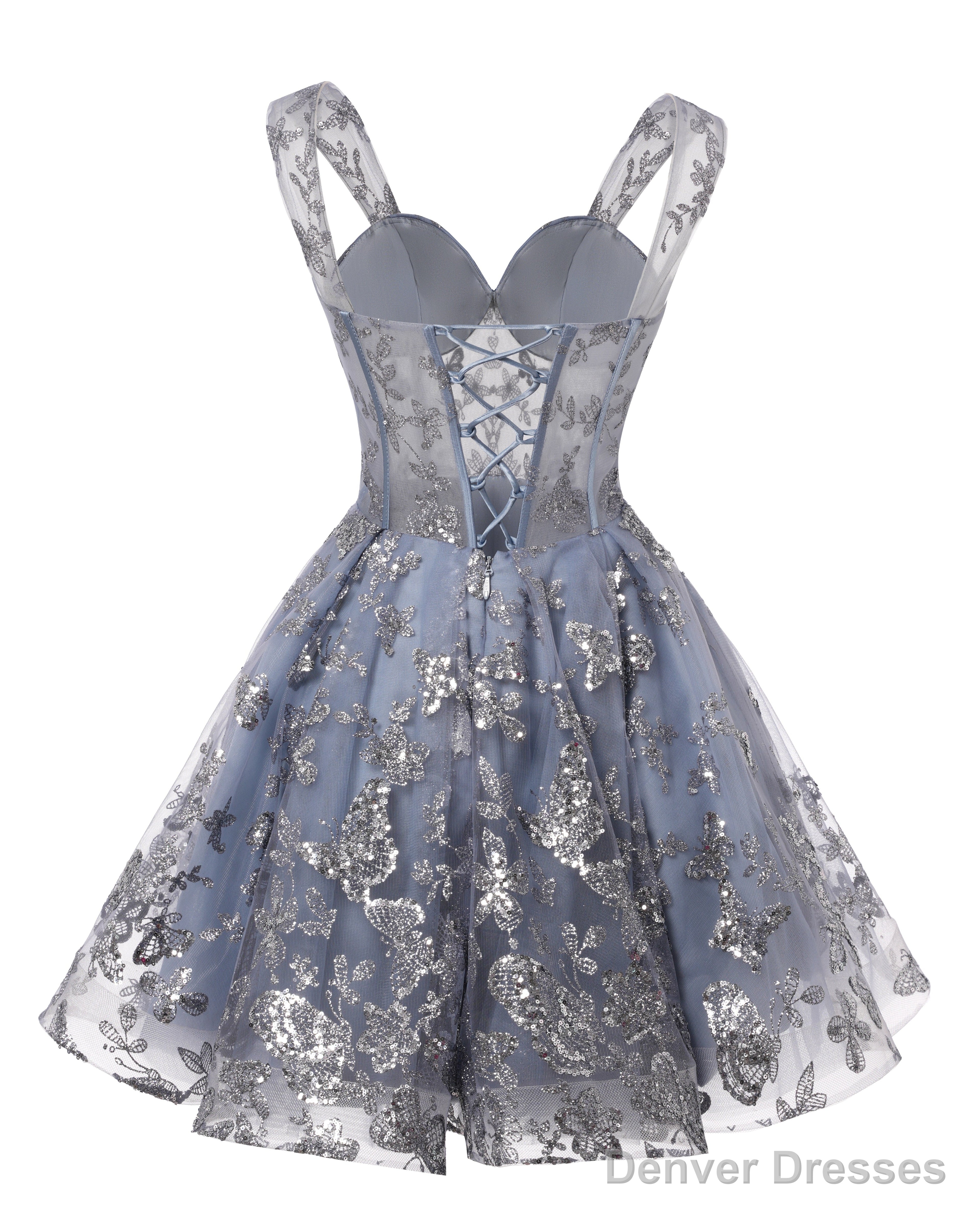 Teens Sparkly Tulle Gray Homecoming Dresses Spaghetti Straps Short Cocktail Party Prom Dress
