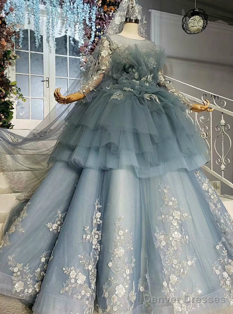 Temperament Blue Ball Gown Tulle Appliques Long Sleeve Wedding Dress Main image