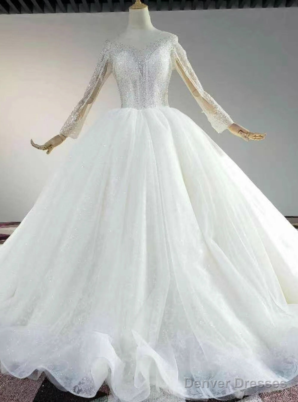 The Largest Variety Of Styles Ivory White Tulle Sequins Long SLeeve Open Back Beading Sequins Wedding Dress