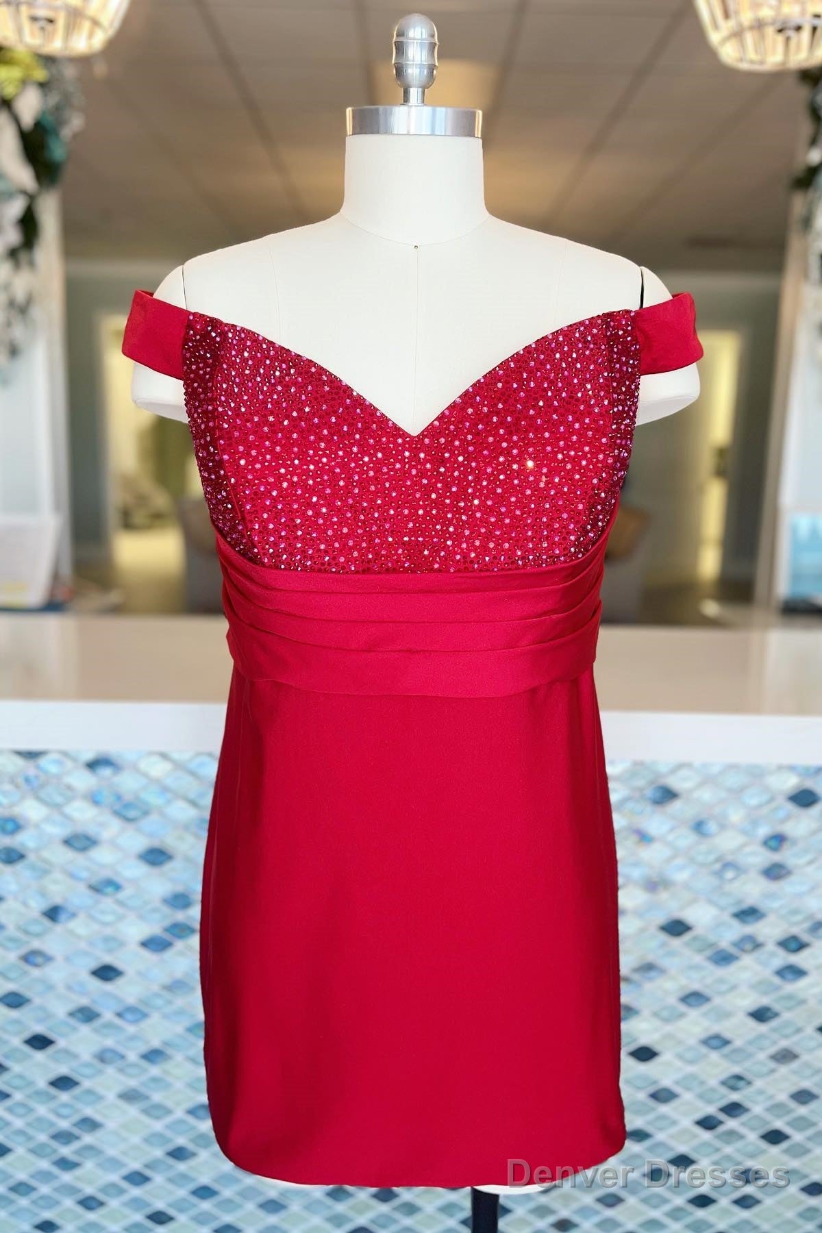 Red Beaded Off-the-Shoulder Sheath Satin Homecoming Dress Main image
