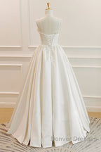 Thin Straps Open Back Ivory Satin Long Prom Dress with Pearls, Long Ivory Formal Graduation Evening Dress