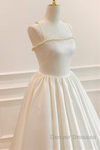 Thin Straps Open Back Ivory Satin Long Prom Dress with Pearls, Long Ivory Formal Graduation Evening Dress