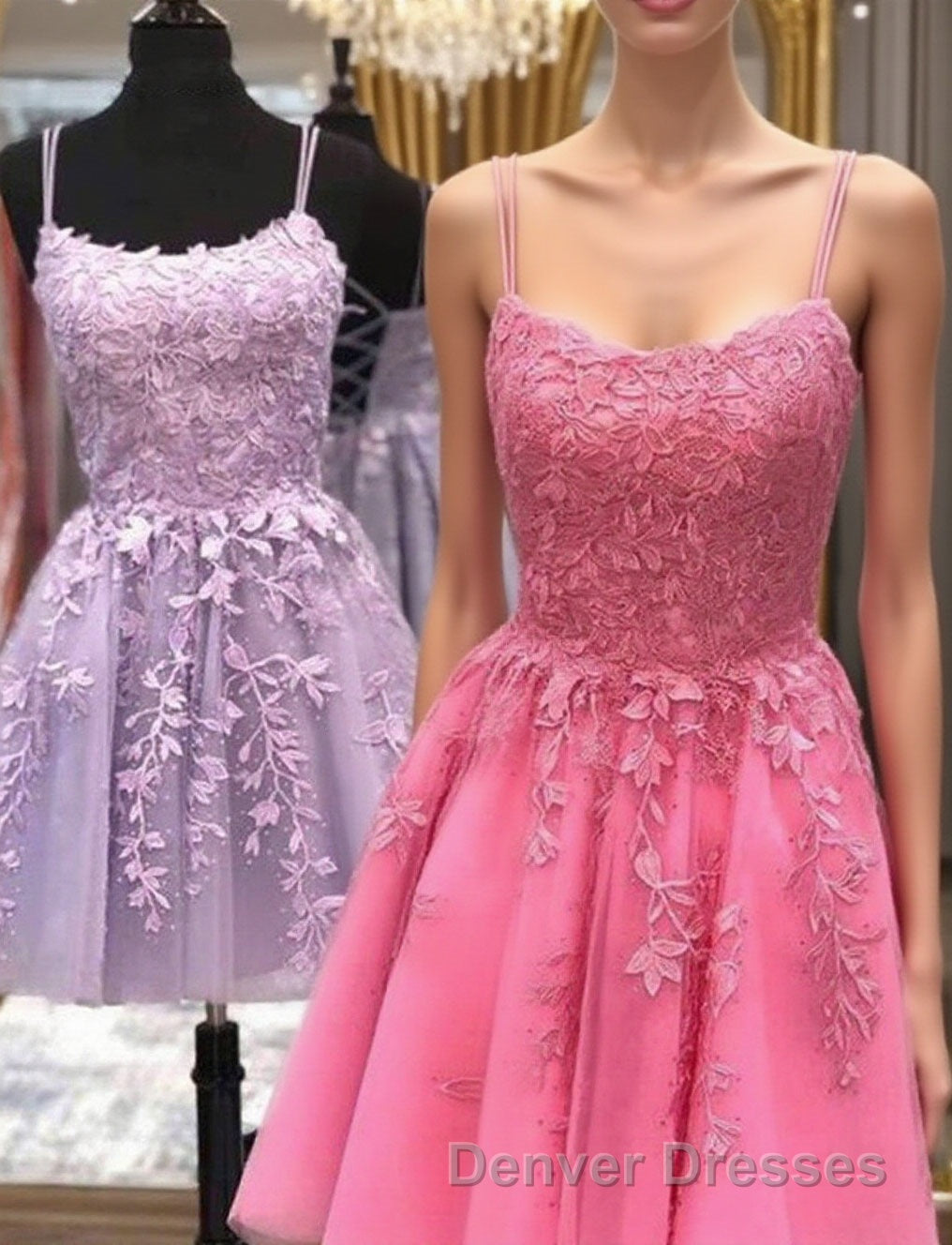 Thin Straps Short Purple Pink Lace Prom Dress, Short Purple Pink Lace Graduation Homecoming Dress