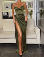 Thin Straps Simple Prom Gowns With Leg Slit Side
