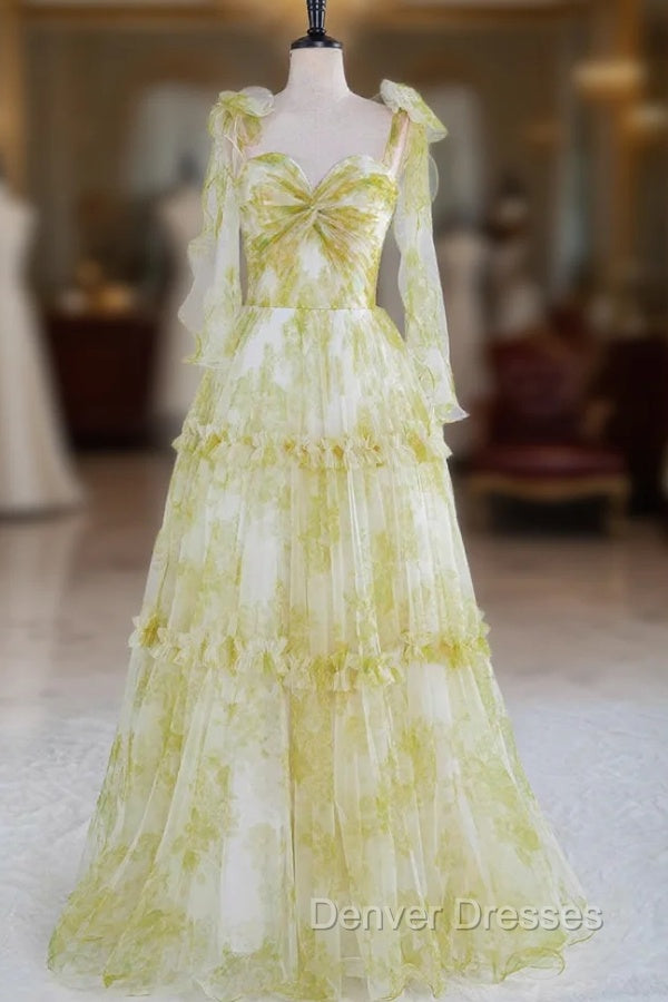 Tie Straps Yellow Floral Print Ruffles Tulle Long Prom Dress Main image
