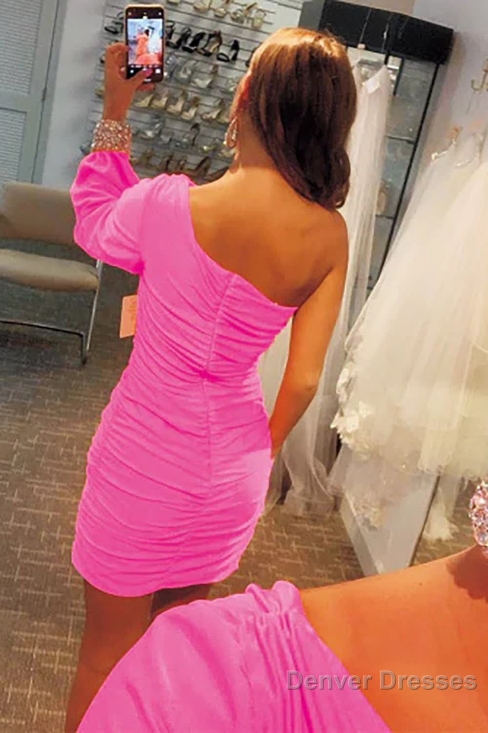 Tight Fuchsia Ruched Homecoming Dress with Sleeves Secondary image